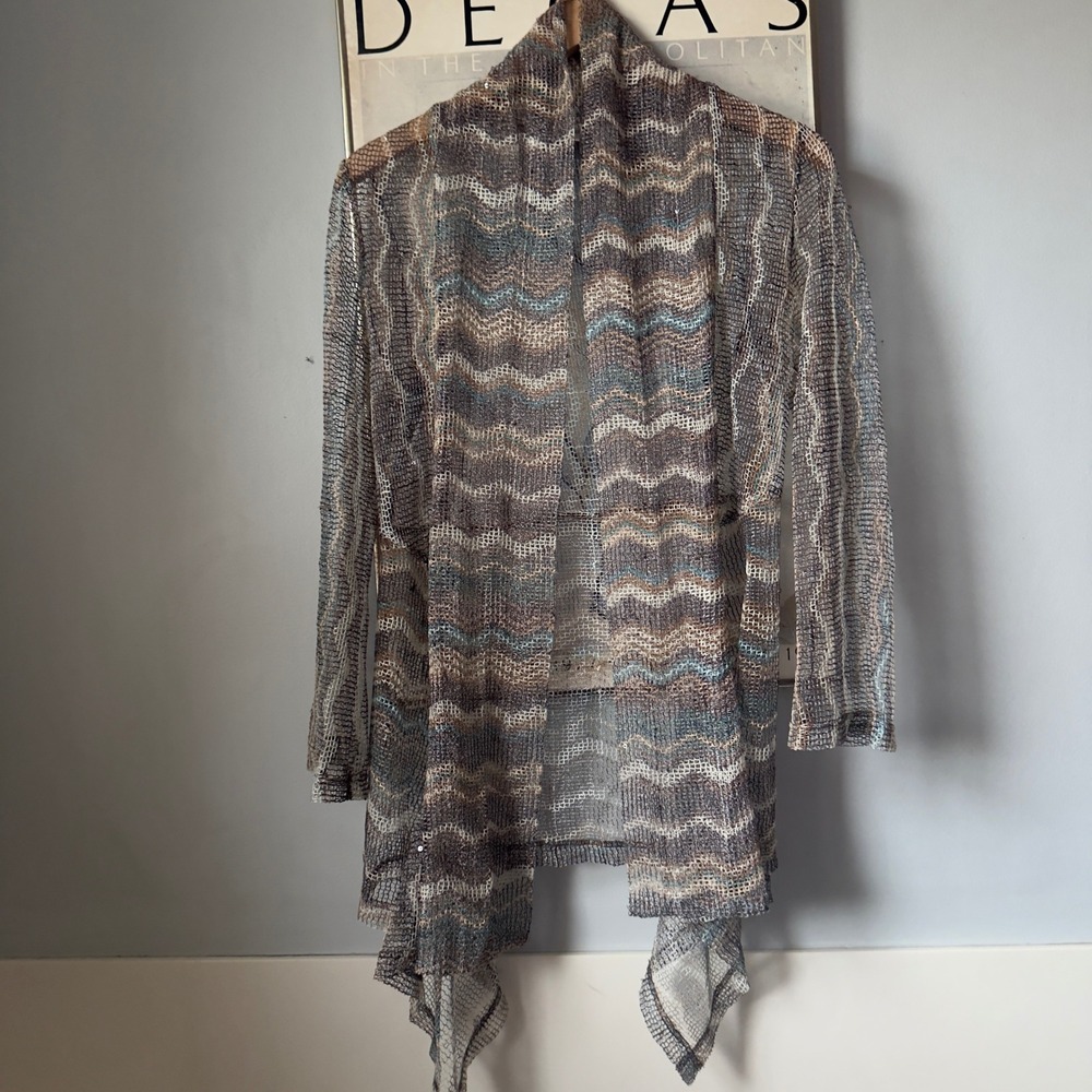 Chicos Sequin Zig Zag Sheer Mesh Knit Open Front Draped Cardigan Boho Top 1‎ M